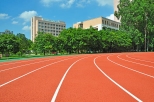 Running track with lanes over trees and clouds.
